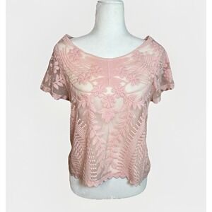 Express Pink Sheer‎ Lace Short Sleeve Top Sm Embroidered Romantic Cottagecore
